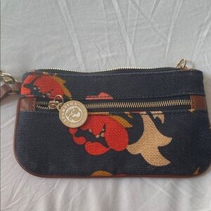 Spartina 449 Navy Canvas Wristlet with Orange and Cream Floral Motif